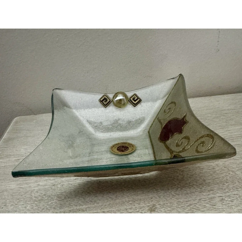 Lily Art Israel Handmade Glass Dish Pomegranate Design Gold Accents w/ Label